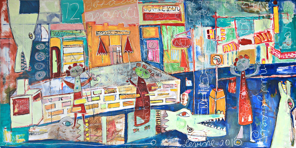 Little ones visiting town 4 feet x 8 feet mixed media on wood Sold