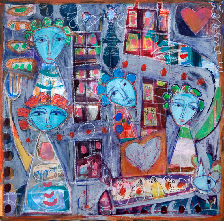 My Blue Lovers<br />40 inches x 40 inches mixed media on canvas Sold